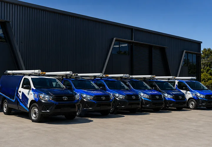 Our plumbing vans lined up before a Fairfield Heights shift