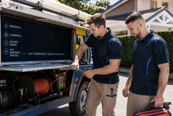 Two plumbers working on a blocked drain in Fairfield Heights